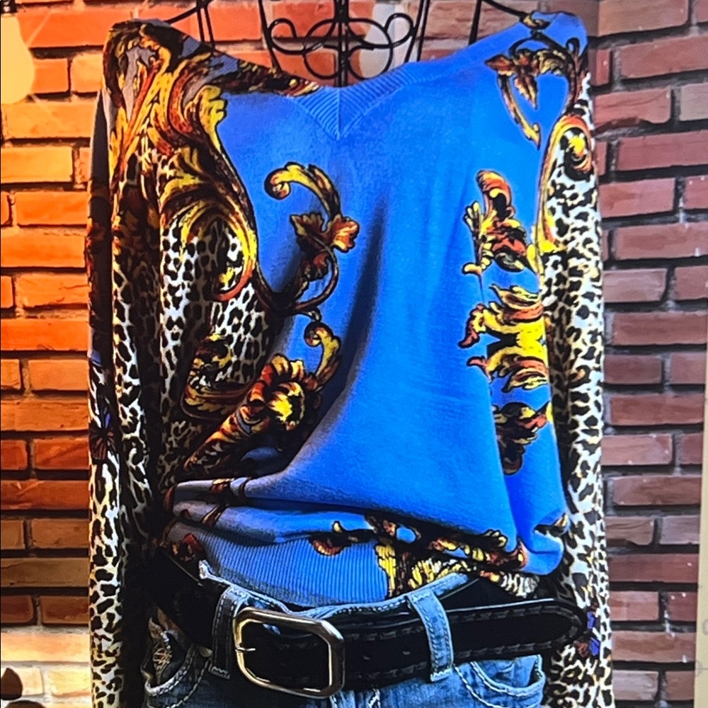 👚 Liu Jo Dolman Knit Soft Luxurious Sweater - Turquoise Scroll Design - M/L / E
